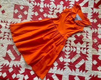 1950s Orange Cotton Dress Drop Waist Sailor Collar with Black & White Striped Accents 50s 60s 1960s