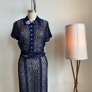 M 30s 40s Navy Lace Dress Glass Buttons Lavender Bow Belt, Collared Midi Length Side Snaps Closure Sheer See Through 1930s 1940s image 1