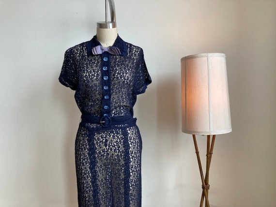 M 30s 40s Navy Lace Dress Glass Buttons Lavender … - image 1