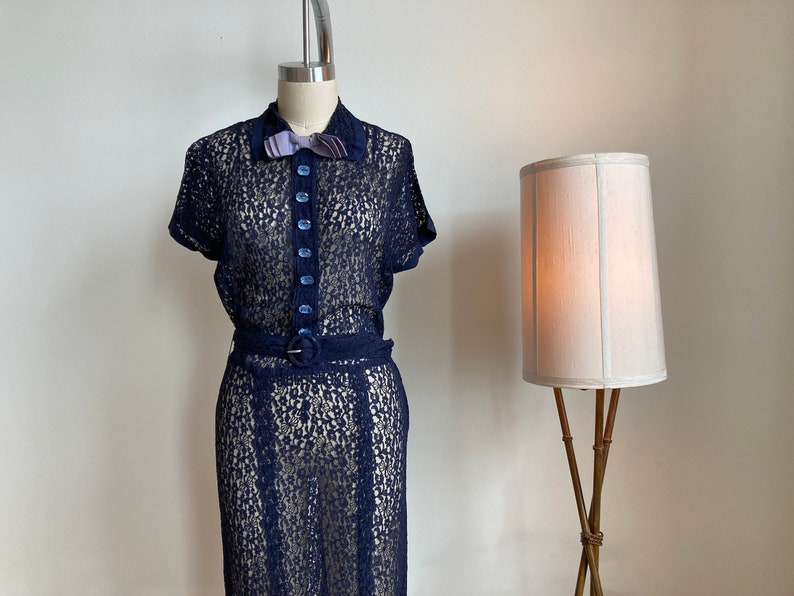 M 30s 40s Navy Lace Dress Glass Buttons Lavender Bow Belt, Collared Midi Length Side Snaps Closure Sheer See Through 1930s 1940s image 1