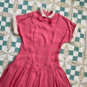 50s Bubble Gum Pink Linen Drop-Waist Dress with Angora Fur Trim Ice Queen Holiday Dress 1950s 60s 1960s Barbie dress Barbie Outfit