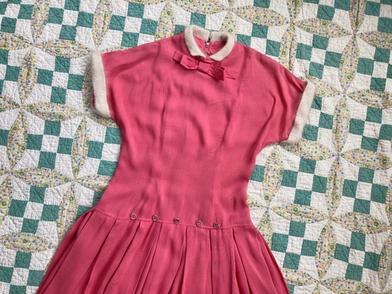 50s Bubble Gum Pink Linen Drop-Waist Dress with A… - image 1
