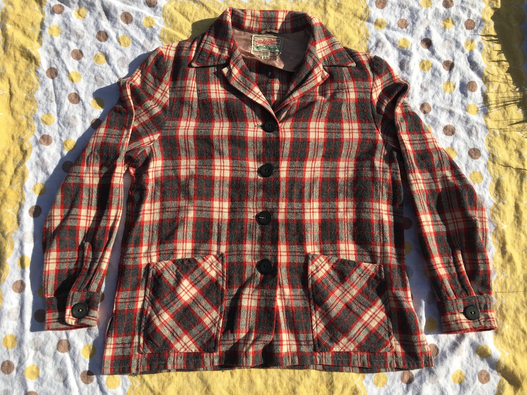 M 50s 60s Field and Stream Wool Shirt Jacket 49er Plaid Button Down up ...