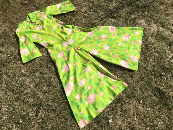 60s Lime Green Floral Palazzo Jumpsuit Gorgeous Fl