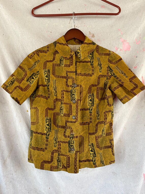 XS 50s Cotton Tiki Pattern Blouse Hawaiian Collar… - image 4