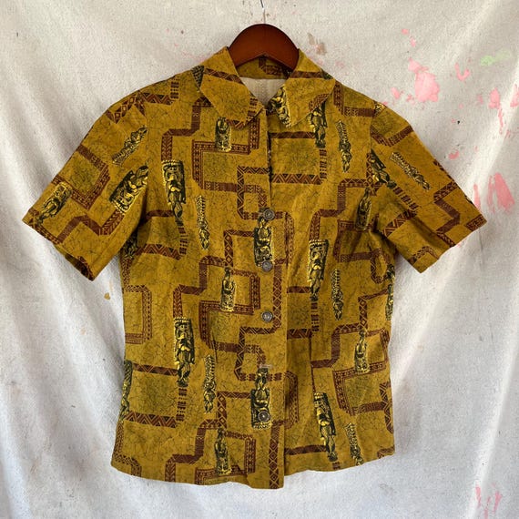 XS 50s Cotton Tiki Pattern Blouse Hawaiian Collar… - image 1