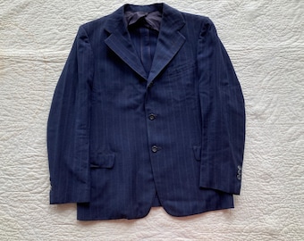 Vintage 40s Double Breasted Striped Wool Suit Coat Jacket Navy