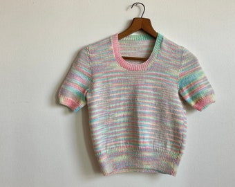 S 1970s Space Dye Sweater Rainbow Knit Acrylic Pullover Short Sleeve Cropped 70s 60s 1960s