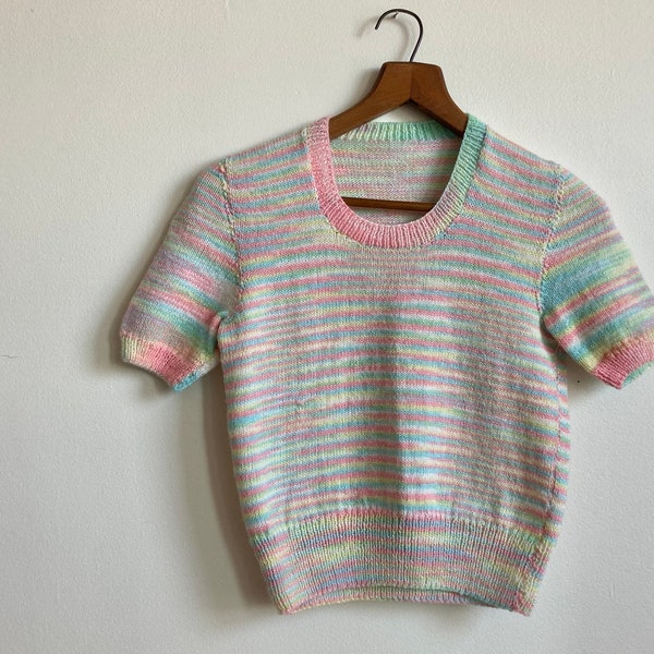 S 1970s Space Dye Sweater Rainbow Knit Acrylic Pullover Short Sleeve Cropped 70s 60s 1960s