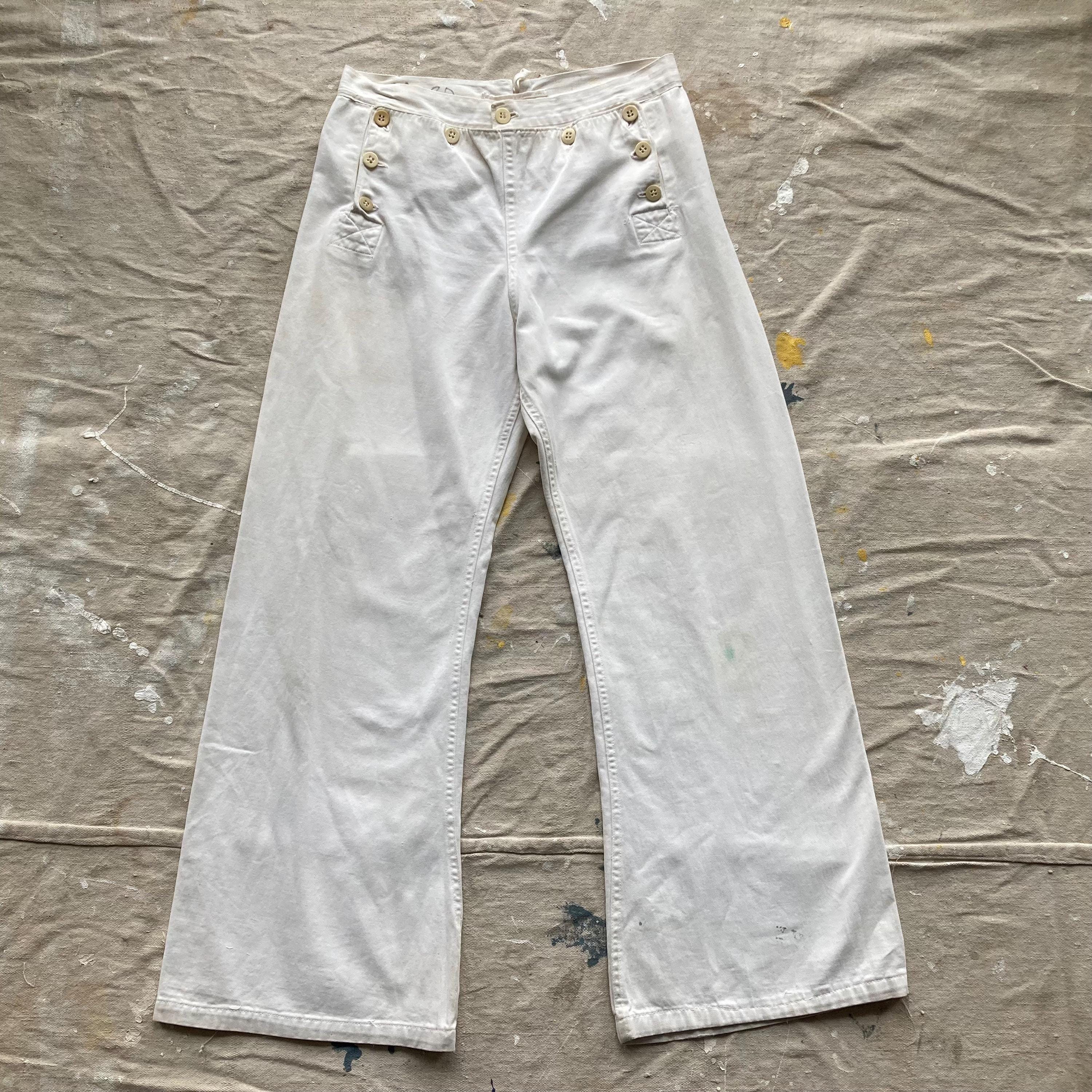 1930s Lace-back Fall Front Sailor Pants White Cotton Twill