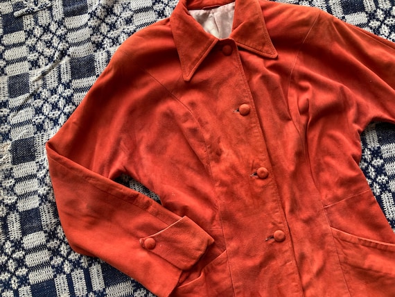 S M 40s Butter Soft Orange Suede Jacket Batwing Nipped Waist Sharp Collar Button Front  Shoulder Pads Pockets 1940s