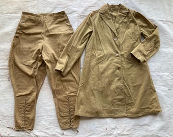 1910s Women&#39;s Hunting Outing Set Cotton Twill Utica-Duxbak Sporting Hiking Antique 1920s 10s 20s Double Side Button Trousers Jacket