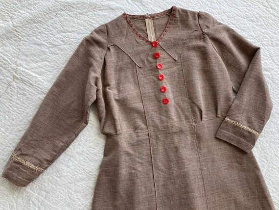 M 40s Homespun Wool Dress Long Sleeve Handmade Wo… - image 2