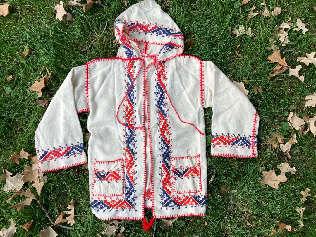 Vtg 60s 70s Ladies Wool Hooded Poncho Zip Up Coat Womens L