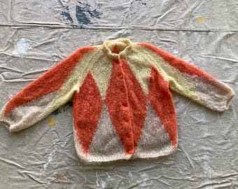 M L 1960s Mohair Cardigan 3-Tone Harlequin Pattern Orange Yellow White Button Front Sweater Jumper 60s