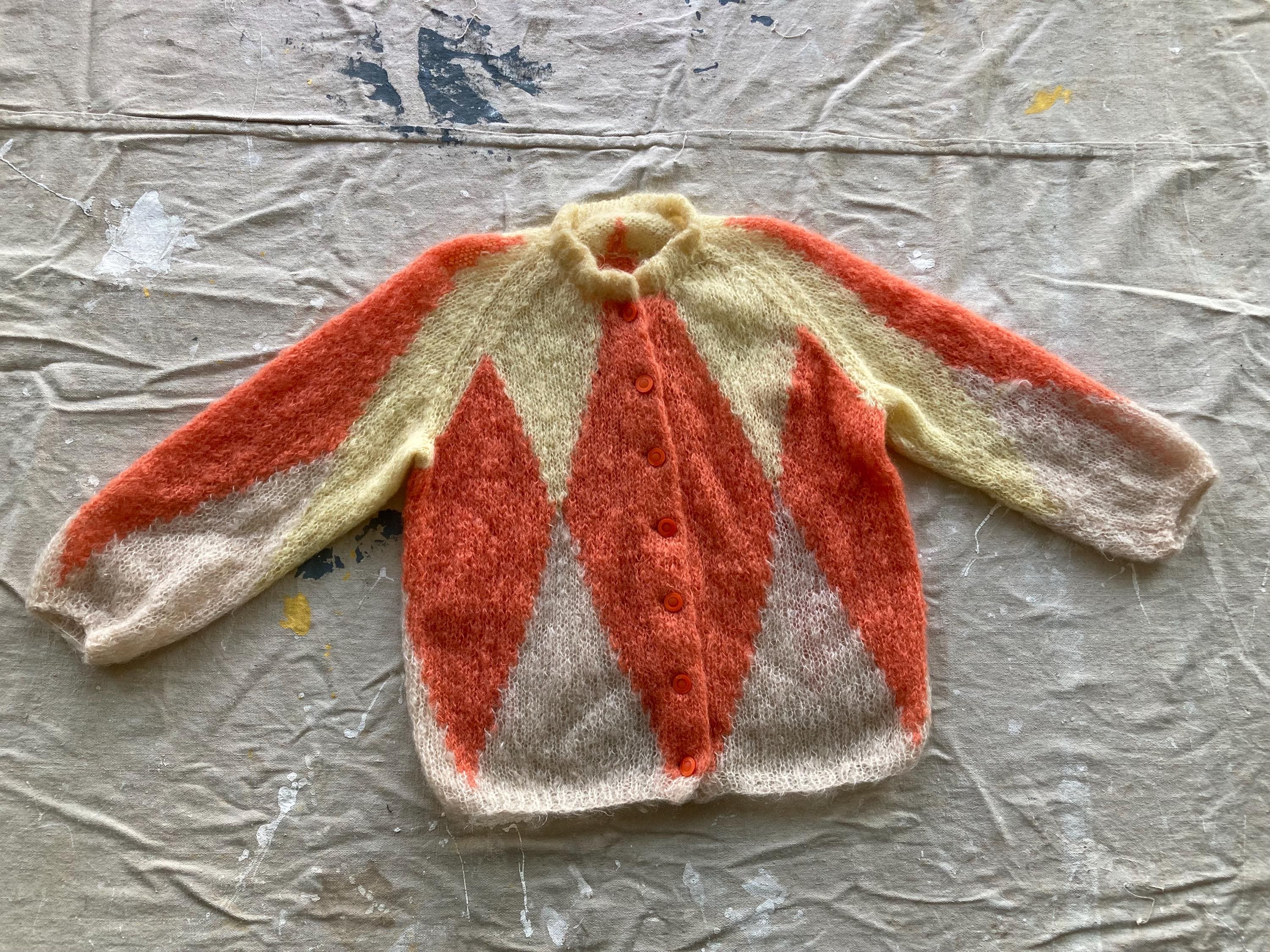 M L 1960s Mohair Cardigan 3-tone Harlequin Pattern Orange