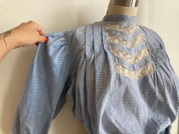 M Edwardian Blue Gingham Cotton Blouse Lace Inser… - image 5