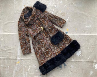 Incredible 1960s Tapestry Penny Lane Coat Attached Muff / Scarf Faux Fur Trim 60s Penny Lane Jacket