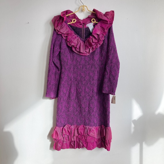 Guy Laroche, Deadstock 1980s Guy LaRoche Purple Crinkle Taffeta Dress with Ruffle Trim Long Sleeve 80s