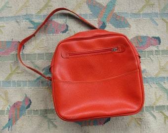 60s Mod Orange-Red Vinyl Travel Bag Airline Brief Case Talon Zipper 1960s 70s 1970s