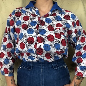1950s Cotton Anchor Print Novelty Print Top Button Down Blouse Red White Blue Black Pajama Top Mod 50s 60s 1960s