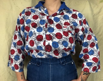 1950s Cotton Anchor Print Novelty Print Top Button Down Blouse Red White Blue Black Pajama Top Mod 50s 60s 1960s