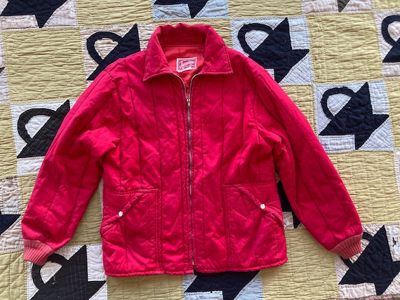 L XL 50s Quilted Red Cotton Thermorama Jacket Zip… - image 1