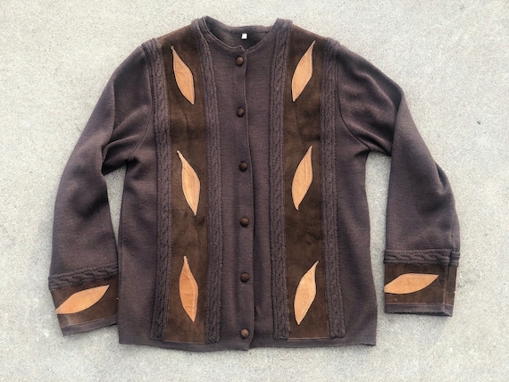 Vintage 50s Knit Cardigan Suede Panels Suede Appli