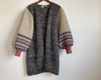 Amazing 80s Balloon Sleeve Cardigan Silk, Acrylic and Mohair Blend Sweater by Bonnie & Bill Chunky Knit Multi-Color 1980s
