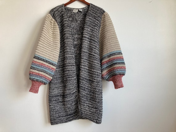 Amazing 80s Balloon Sleeve Cardigan Silk, Acrylic and Mohair Blend Sweater by Bonnie & Bill Chunky Knit Multi-Color 1980s