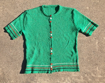 70s Kelly Green Red & White Striped Trim Knit, Pullover Top Sweater Jumper Blouse 1970s
