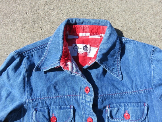 XS S 70s Denim and Checkered Long Sleeve Button D… - image 4
