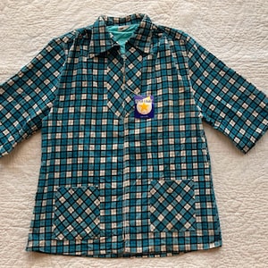 M 50s Deadstock Blue Plaid Corduroy Jacket Zip Front Shirt Pockets Cotton Chore 1950s 1960s 60s Shirt-Jac Blouse Top Separates Rockabilly
