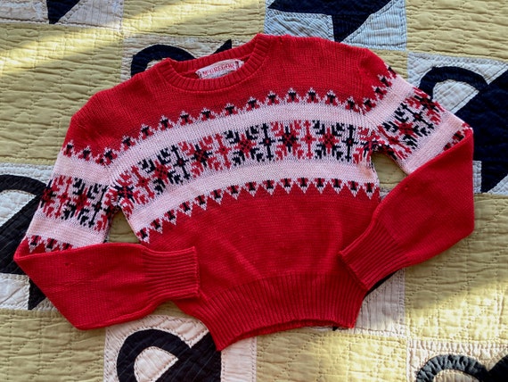 40s McGregor Red Wool Snowflake Pattern Sweater K… - image 1