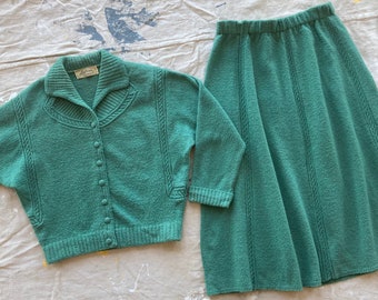 Medium 1950s Lofties Sea Green Wool Knit Sweater Set Cardigan and Skirt Batwing Knitwear 50s