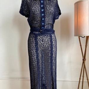 M 30s 40s Navy Lace Dress Glass Buttons Lavender Bow Belt, Collared Midi Length Side Snaps Closure Sheer See Through 1930s 1940s image 2