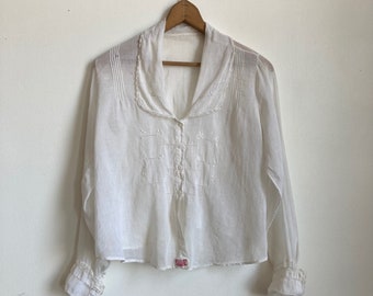 Antique Edwardian White Cotton Gauze Blouse Embroidered Crochet Lace Trim 1910s Long Sleeve Abalone Shell Buttons