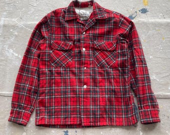 【special!!】50s print flannel shirt Vintage 1950s Flannel Shirt Mens Medium Red Plaid Long