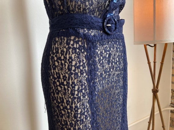 M 30s 40s Navy Lace Dress Glass Buttons Lavender … - image 6