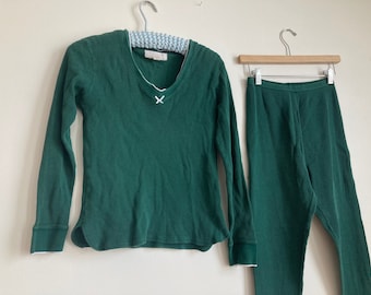 XS S Vintage Victorias Secret Thermal Underwear Set Green Cotton Waffle Knit Pants Long Sleeve Shirt Long Johns Pajamas Loungewear 90s y2K