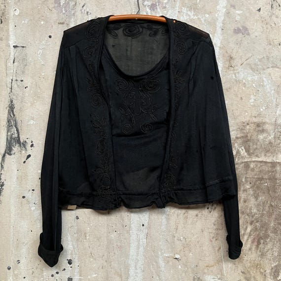 M Antique Edwardian Black Mesh Net Blouse with Soutache Embroidery Rayon Victorian 1910s Early 1900s Medium Large Long Sleeve