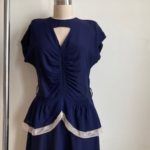 40s Navy Blue Nylon Peek-a-Boo Dress with Pepulm and Ruching 1940s Midi Rayon Batwing