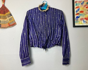 Early 1900's Edwardian Silk Bodice Jacket Purple And Green Striped and Circle Print