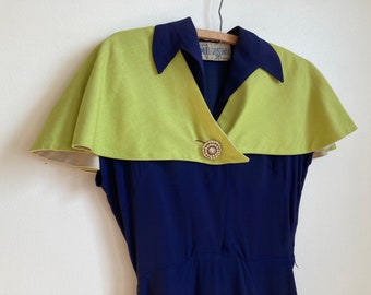 XS S 1940s Color Block Dress & Capelet Two Tone Navy Lime Green Rayon Samuel Grossman 40s Rayon Dress