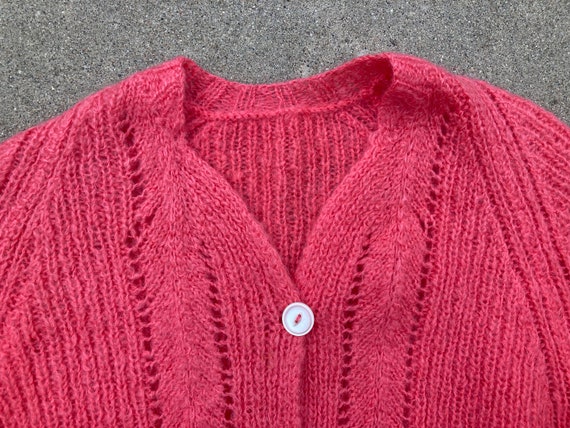 50s Bubblegum Pink Mohair Cardigan Hand Knit Fuzz… - image 3