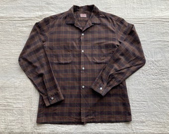 M 1950s Loop Collar Shirt McGregor Cotton Long Sleeve Plaid Button Down Dress Shirt 50s Medium 40 chest 42 chest