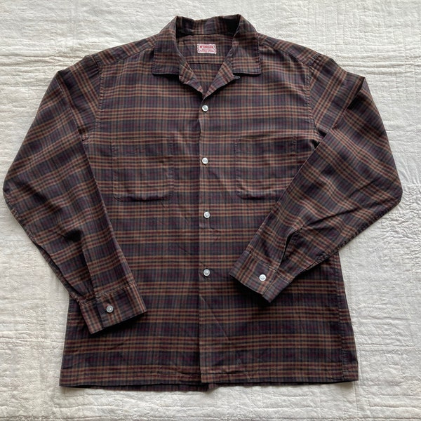 M 1950s Loop Collar Shirt McGregor Cotton Long Sleeve Plaid Button Down Dress Shirt 50s Medium 40 chest 42 chest