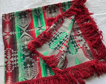 Manta de lana de castor de Pendleton de los años 1920, manta de lana con flecos, patrón nativo, década de 1930, años 30 y 20, navajo, rojo antiguo y verde