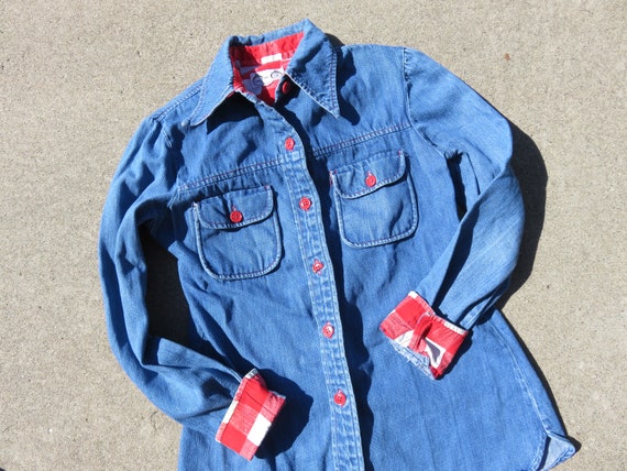 XS S 70s Denim and Checkered Long Sleeve Button D… - image 1