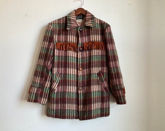 M 50s Jacket Plaid Wool Belted Back Button Front Fringe Western Wear Siesta Style Coat Tassels 1950s